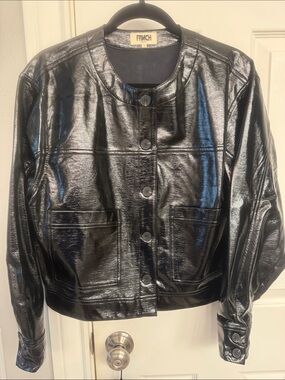 FRNCH Black Patent Button-Front Leather Jacket